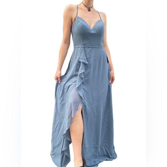🥒 Azazie NWT Naeem A-Line Maxi Chiffon Bridesmaids Dress Slate Blue Ruffle 10 - Picture 13 of 13